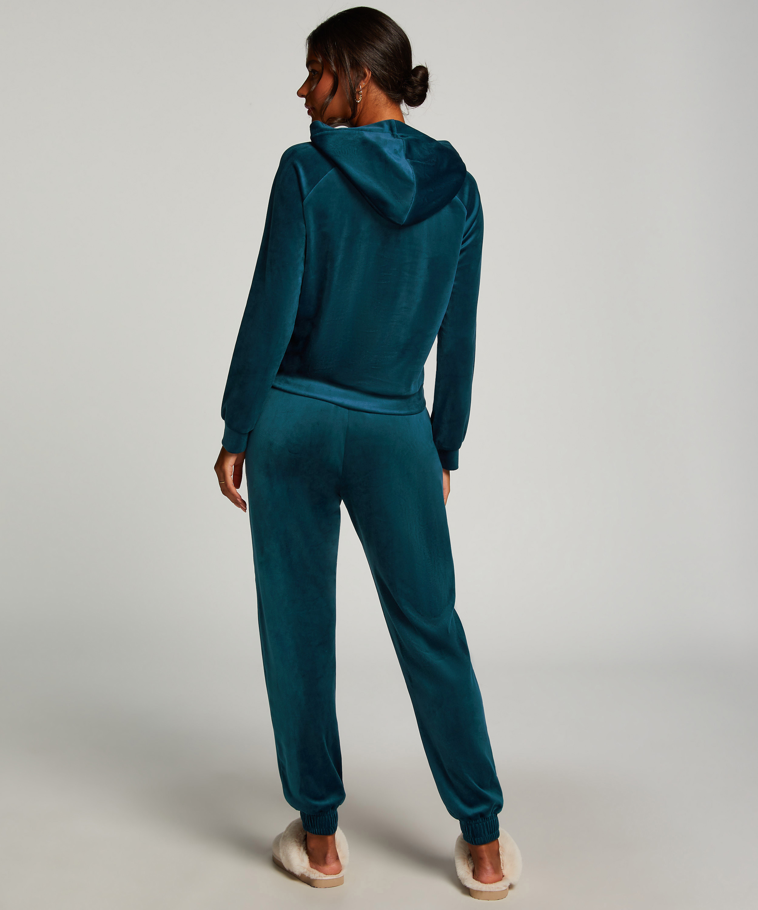 Joggingbyxor i velour med str&aring;veck, Bl&aring;, main