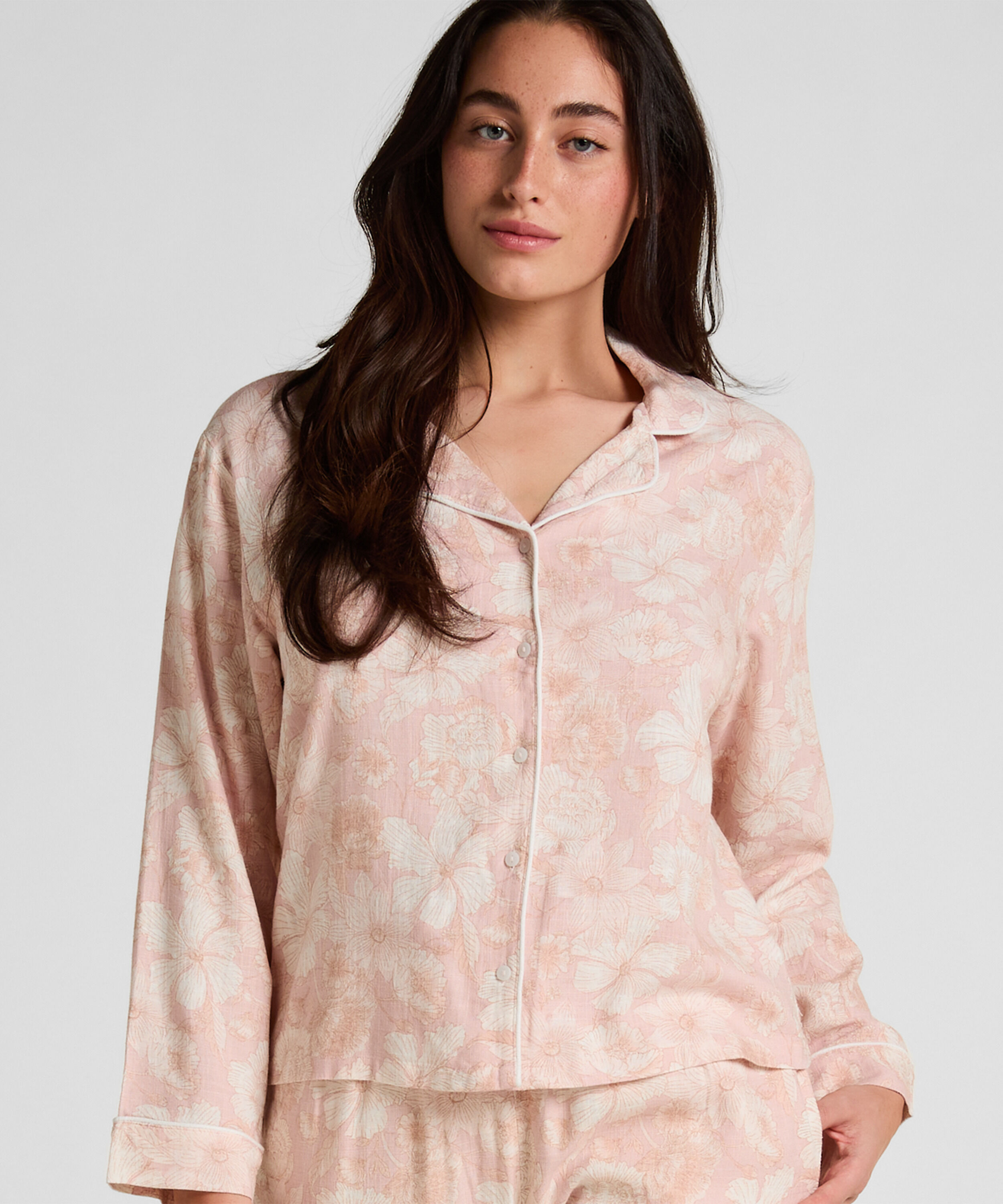 Linne Pyjamasjacka med Blommönster, Rosa Linne Pyjamasjacka med Blommönster, Rosa