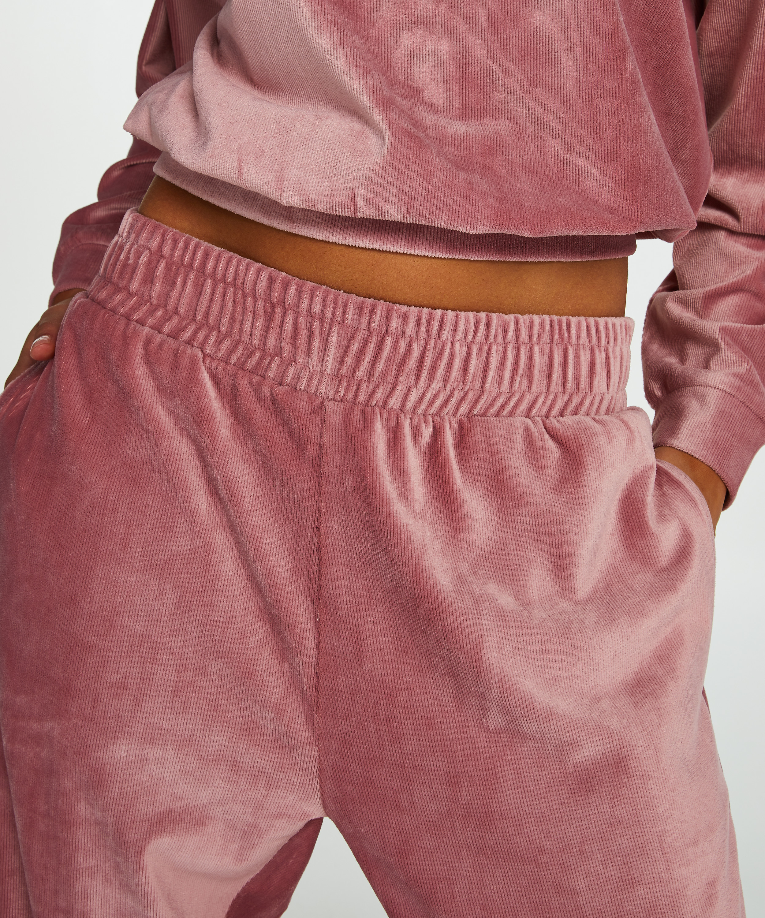 Ribbstickade joggingbyxor i plysch, Rosa, main