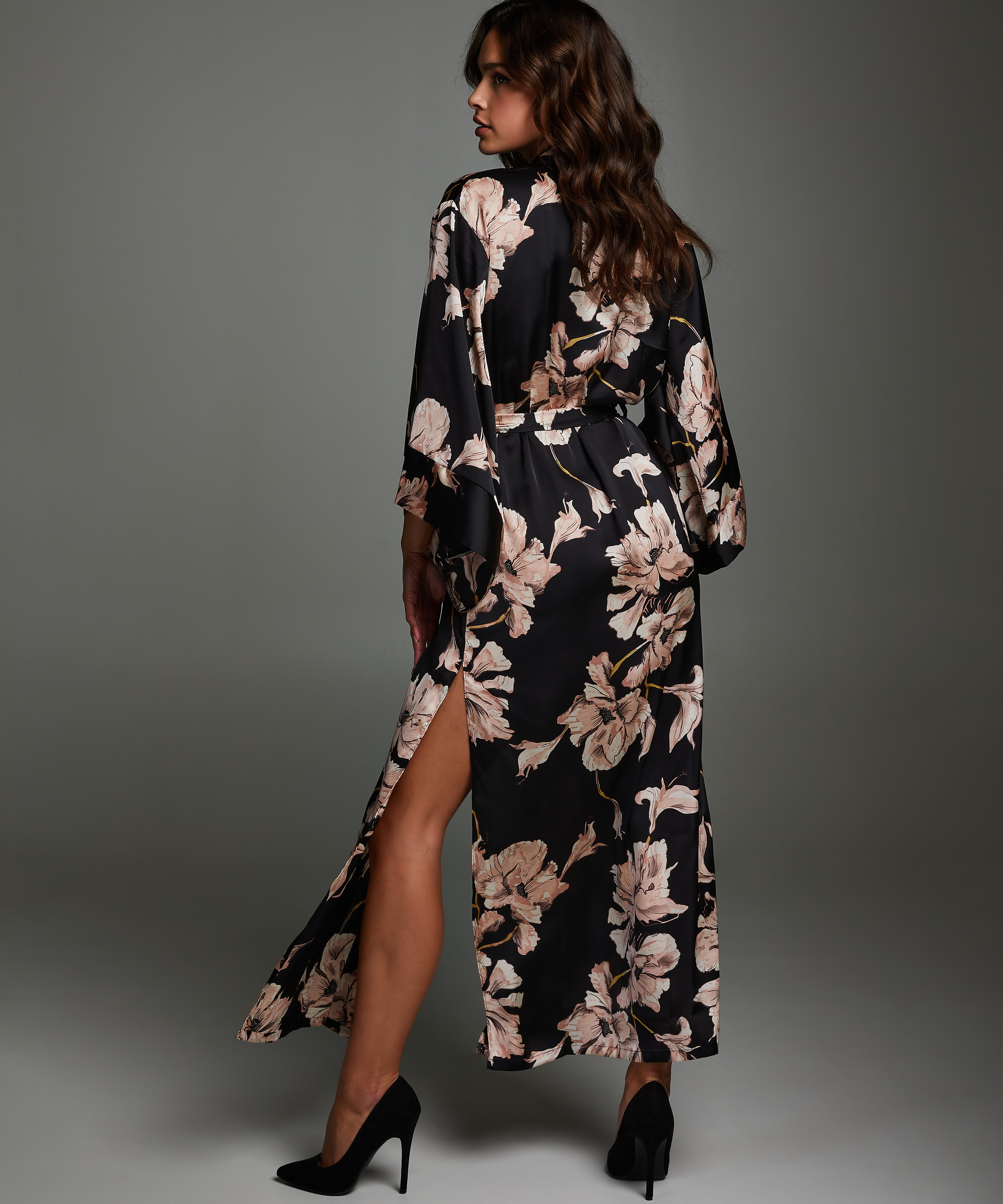 Bloom satin-kimono, Svart, main