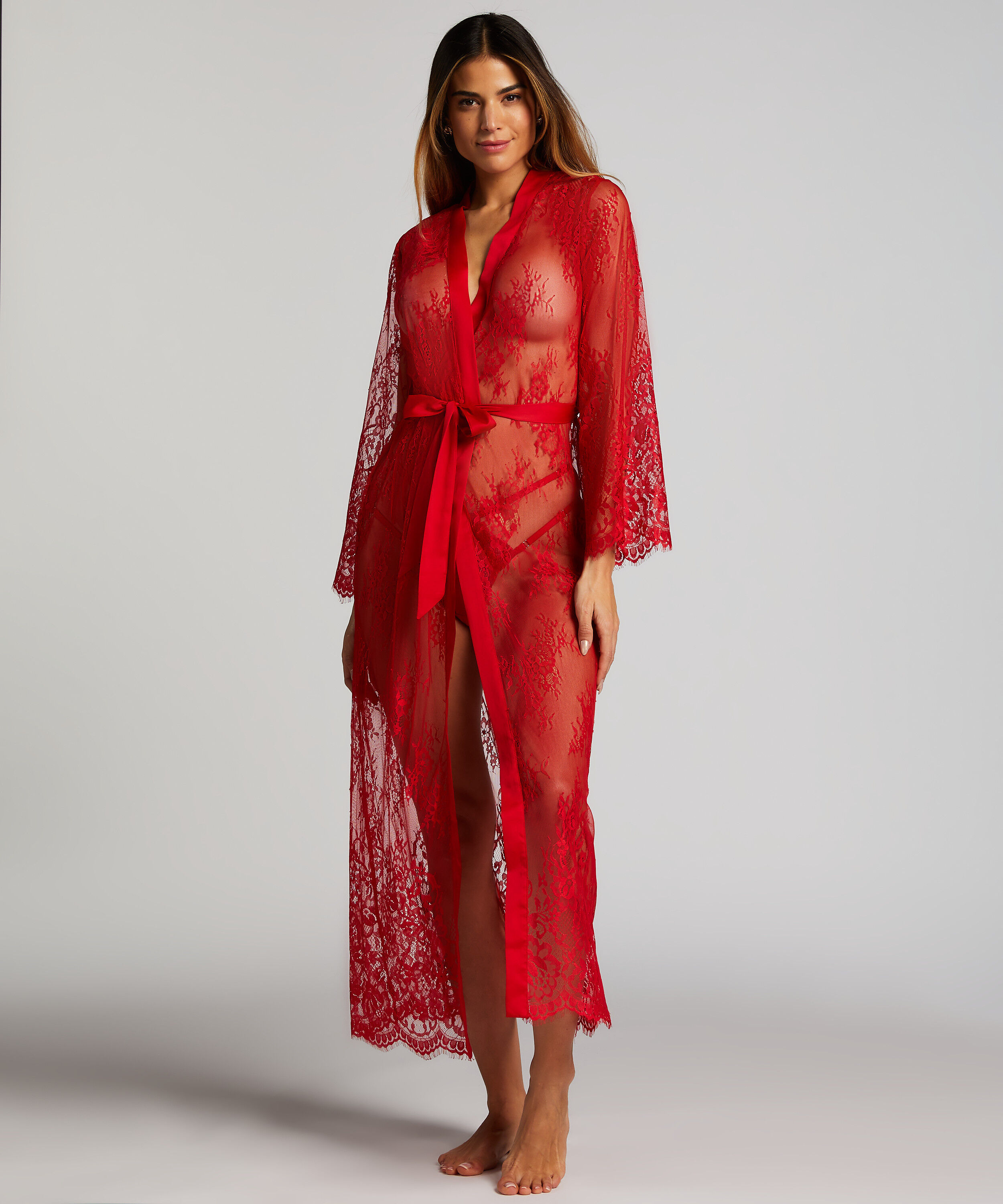 Lång kimono Allover Lace, Röd