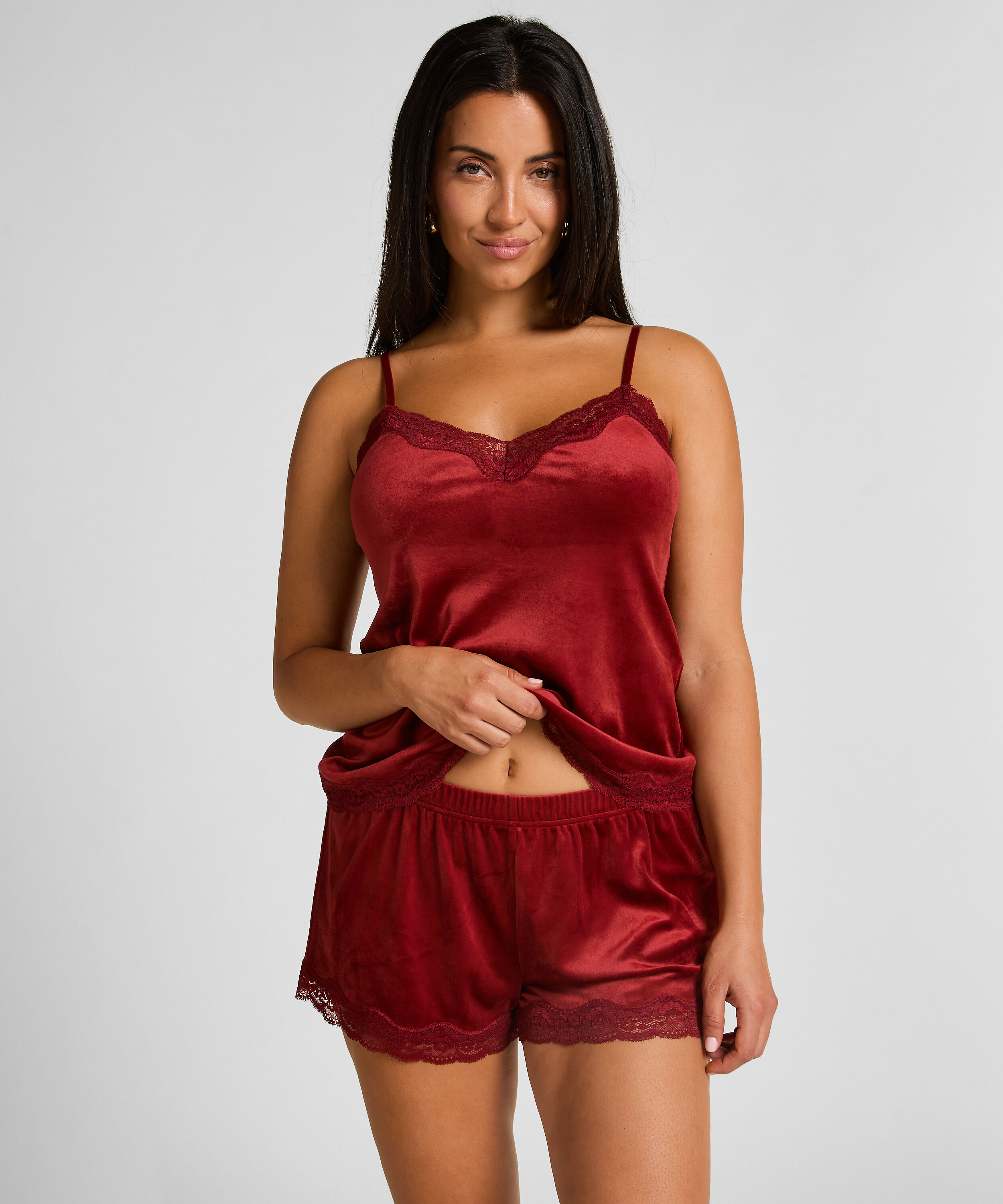 Velour- och spetsshort, Röd