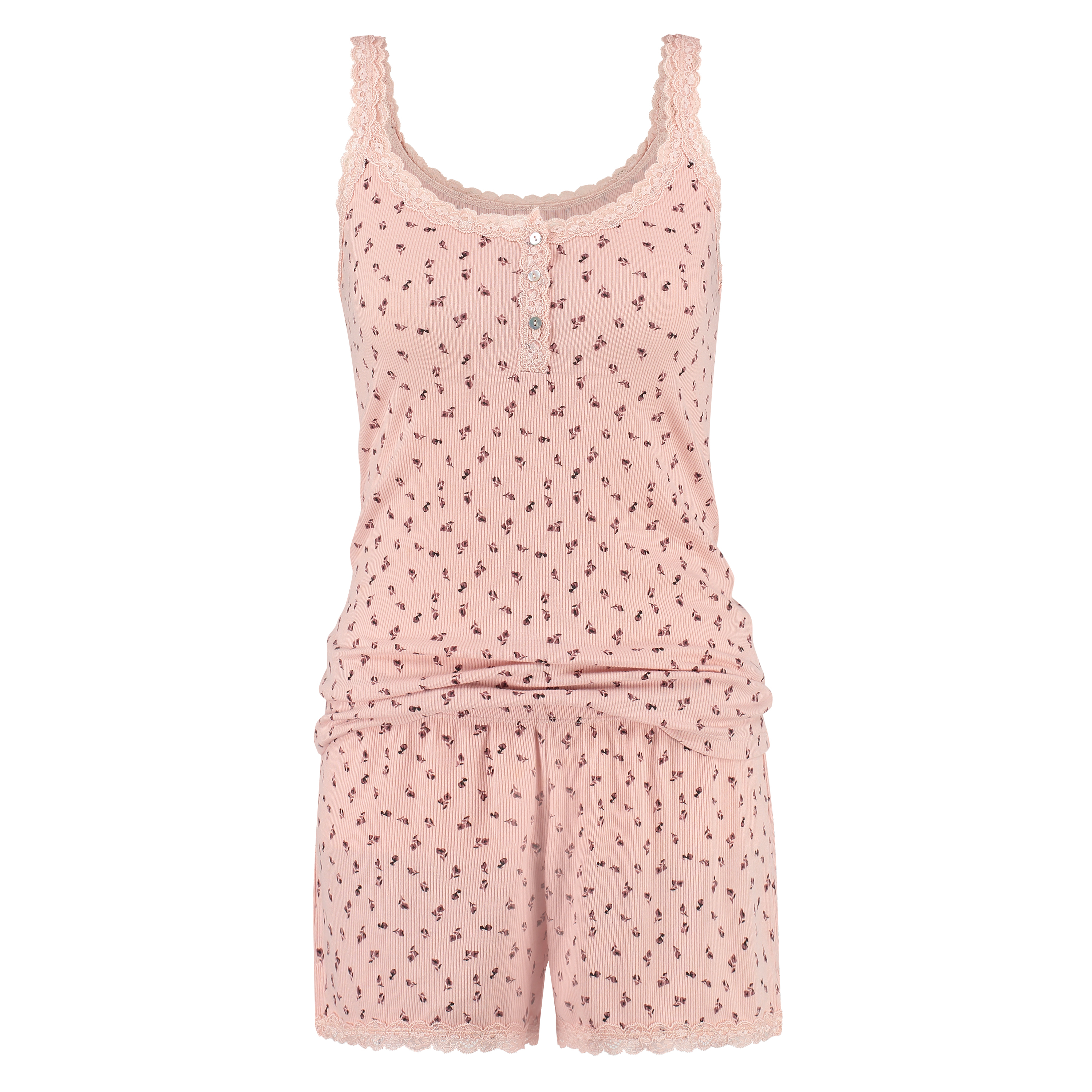 Ditsy shorts-set i ribbad jersey PJ, Rosa, main