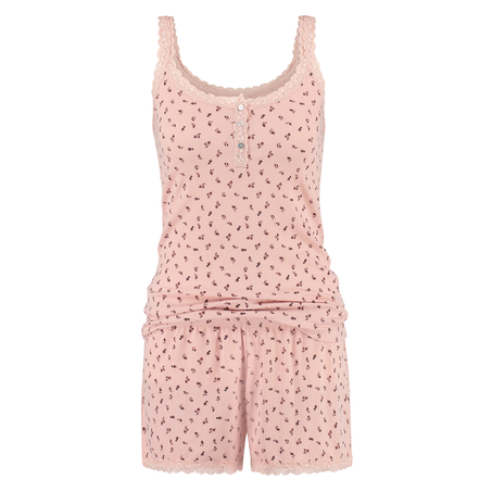Ditsy shorts-set i ribbad jersey PJ, Rosa