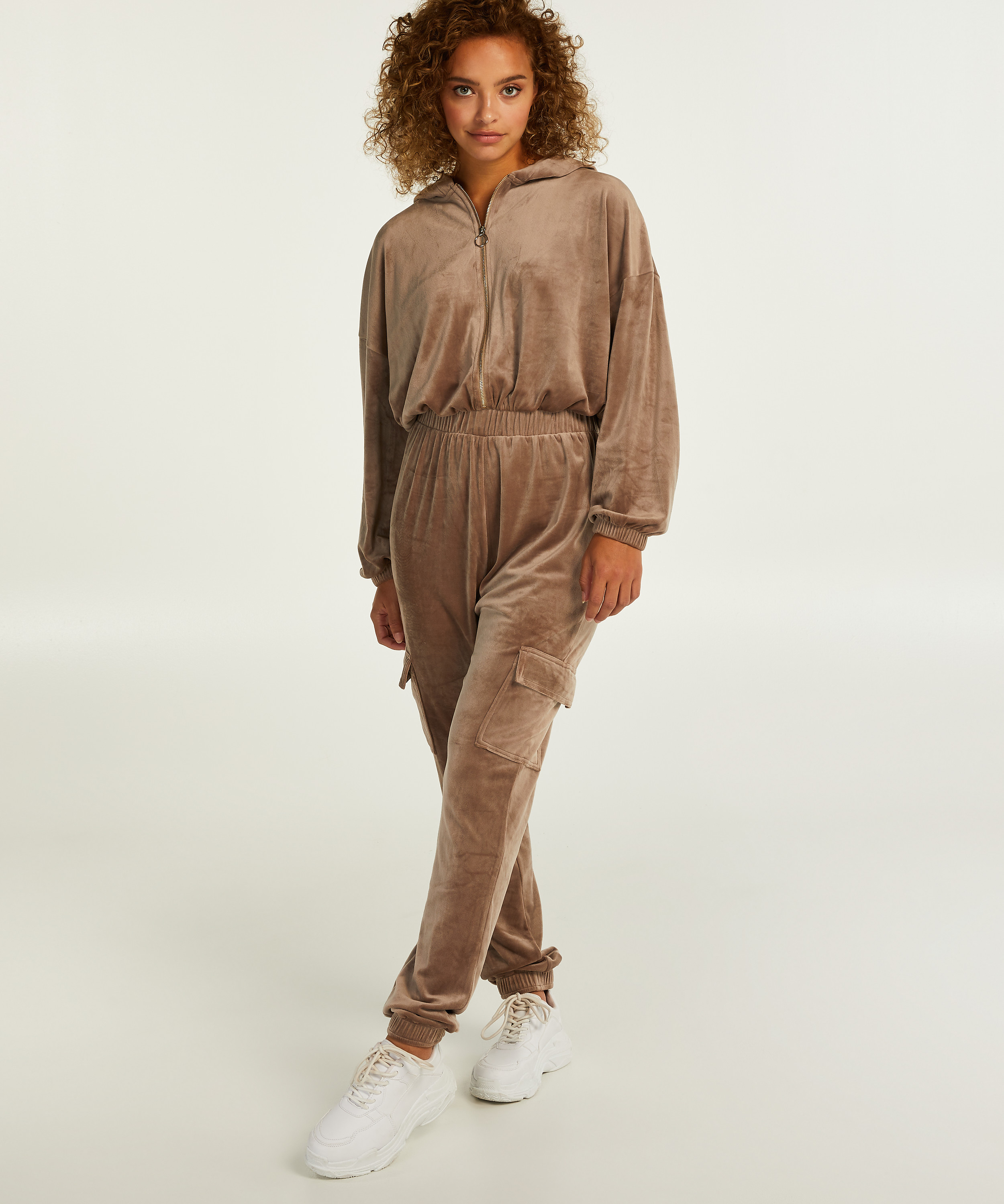 Jumpsuit-hoodie i velour, Brun, main