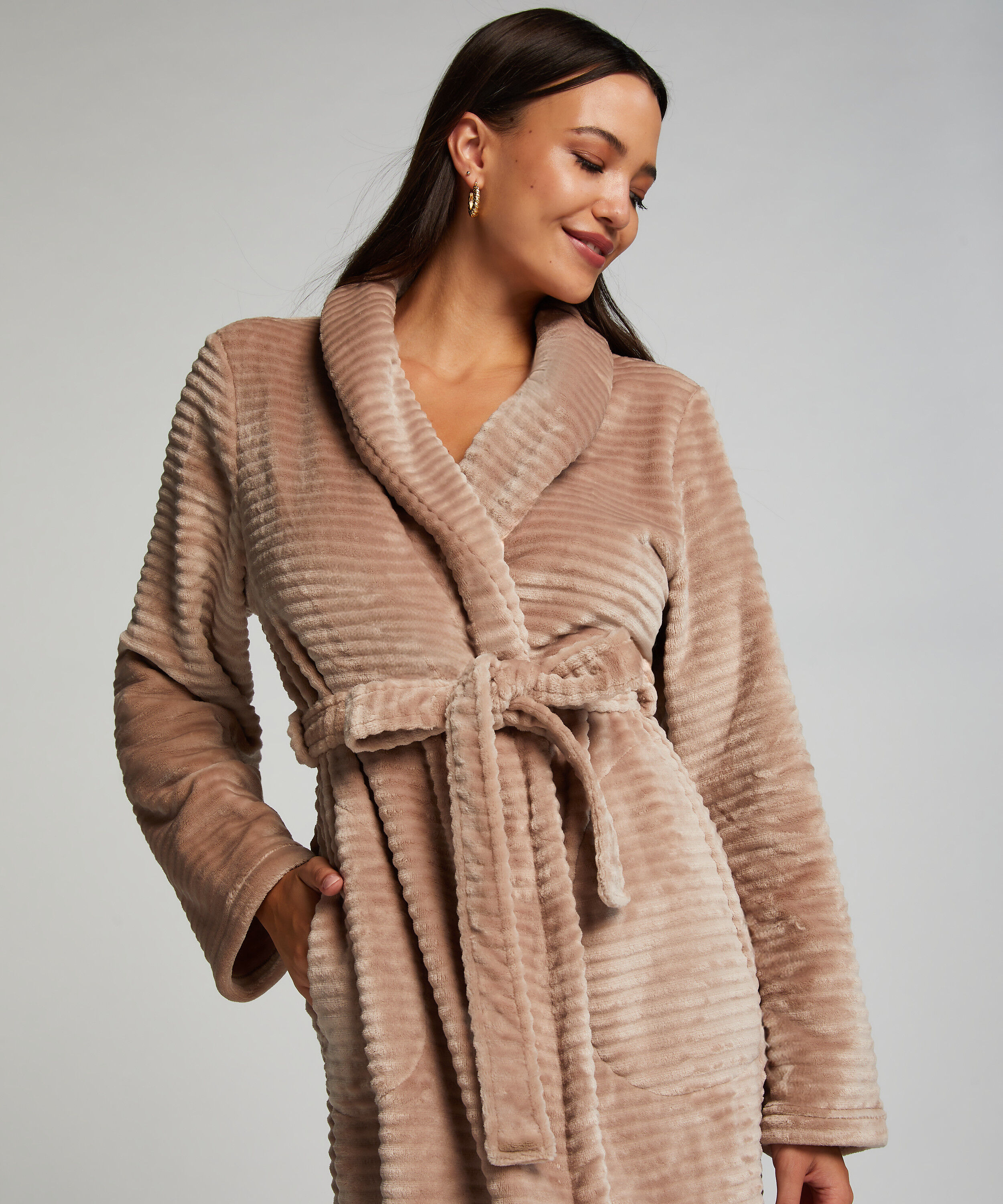 Ribbad badrock av fleece lång, Beige